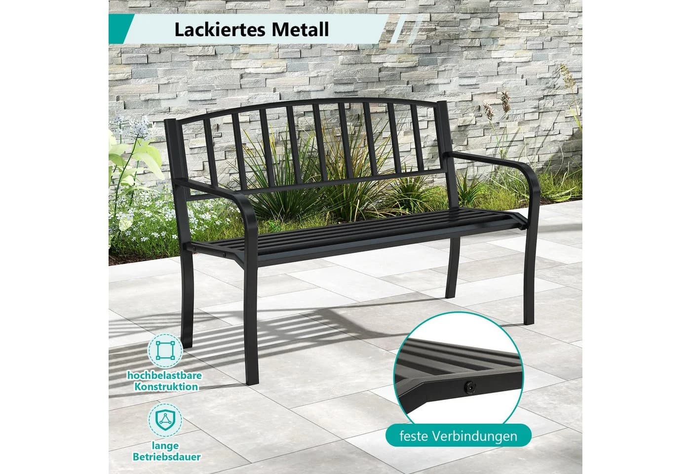 COSTWAY Gartenbank 3-Sitzer Metall Schwarz 127cm - Bild 3