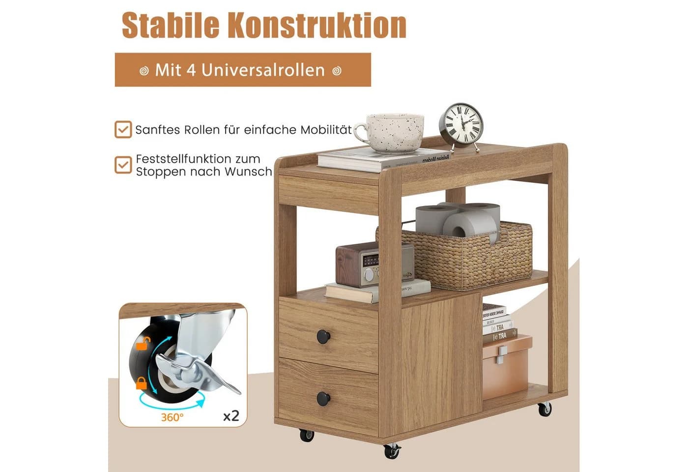 COSTWAY Beistelltisch mit Schubladen und Rollen Natur/Schwarz - Bild 4