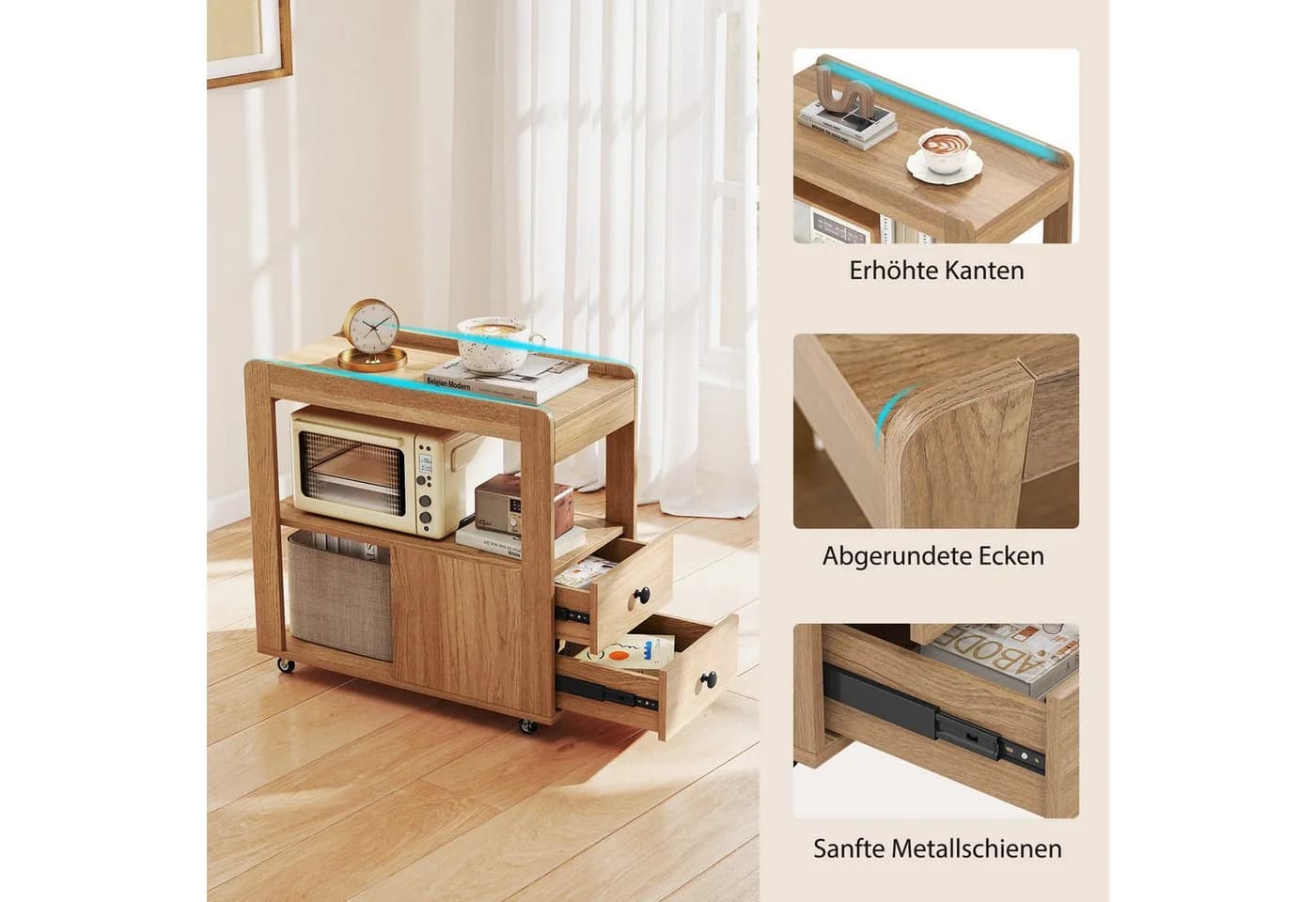 COSTWAY Beistelltisch mit Schubladen und Rollen Natur/Schwarz - Bild 5