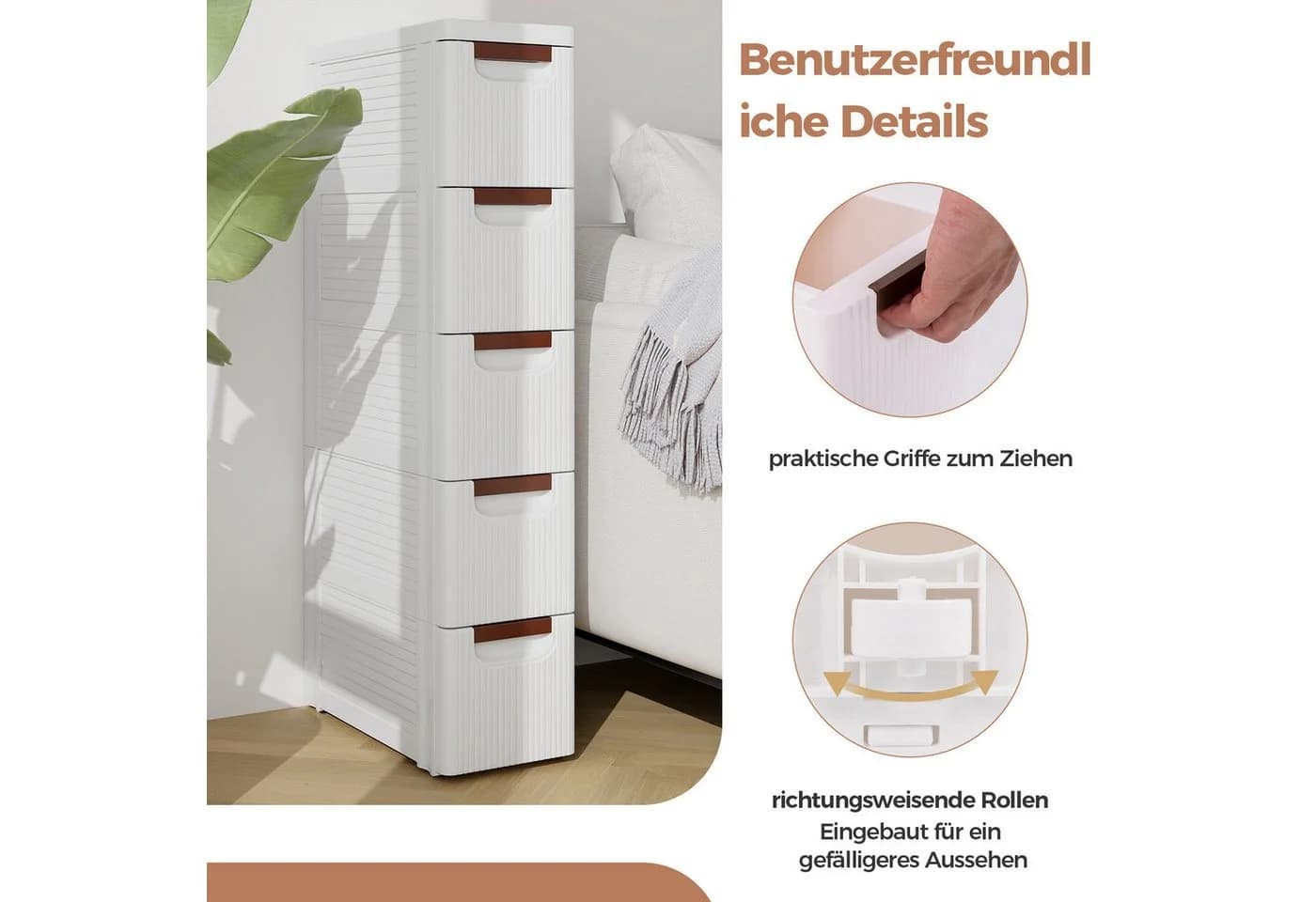 COSTWAY Beistellwagen Nischenschrank schmal 5 Schubladen Rollen weiß - Bild 4