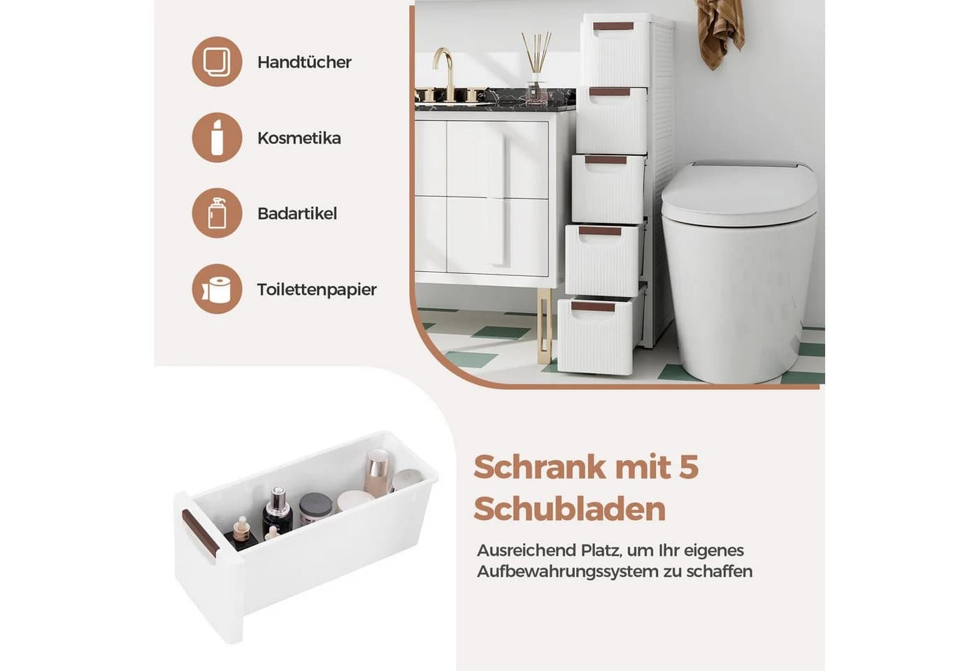 COSTWAY Beistellwagen Nischenschrank schmal 5 Schubladen Rollen weiß - Bild 5