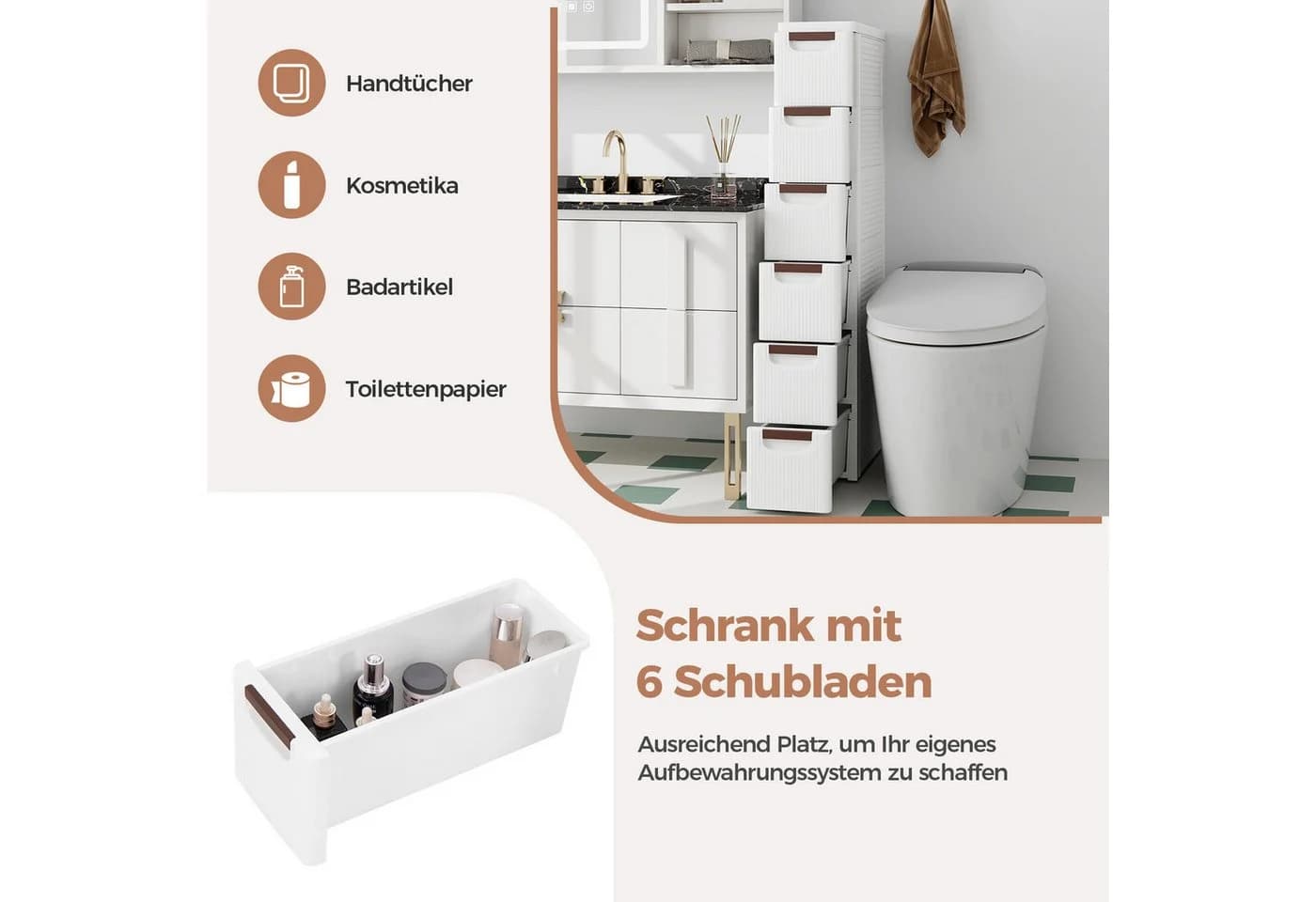 COSTWAY Beistellwagen Nischenschrank schmal 6 Schubladen Rollen weiß - Bild 3