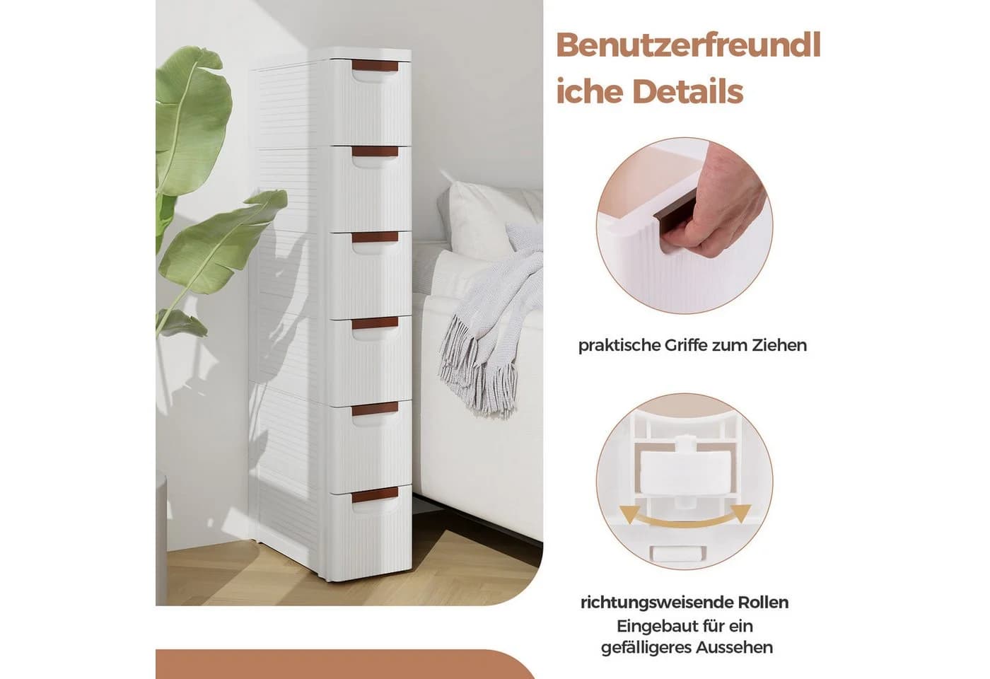 COSTWAY Beistellwagen Nischenschrank schmal 6 Schubladen Rollen weiß - Bild 4