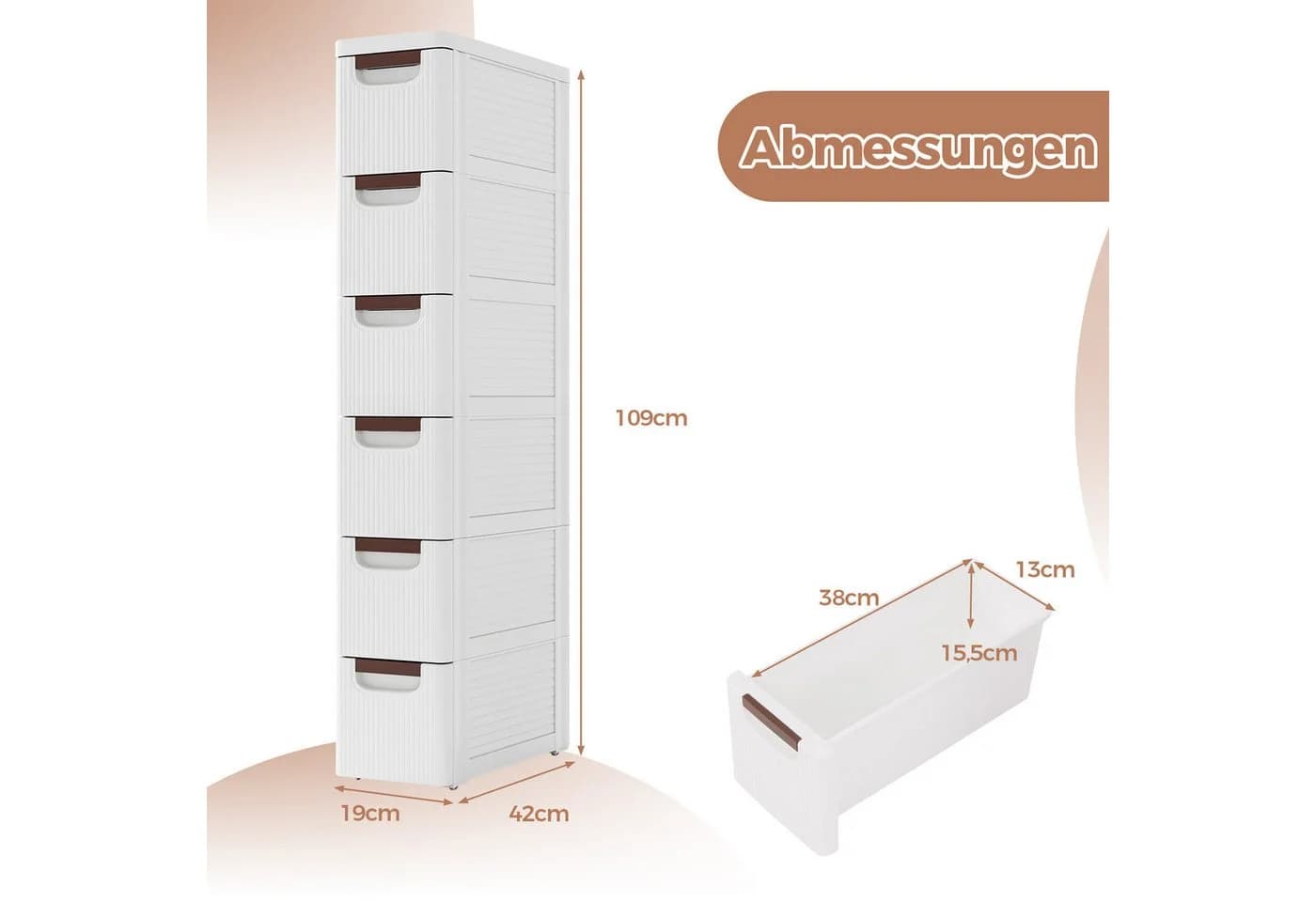 COSTWAY Beistellwagen Nischenschrank schmal 6 Schubladen Rollen weiß - Bild 5
