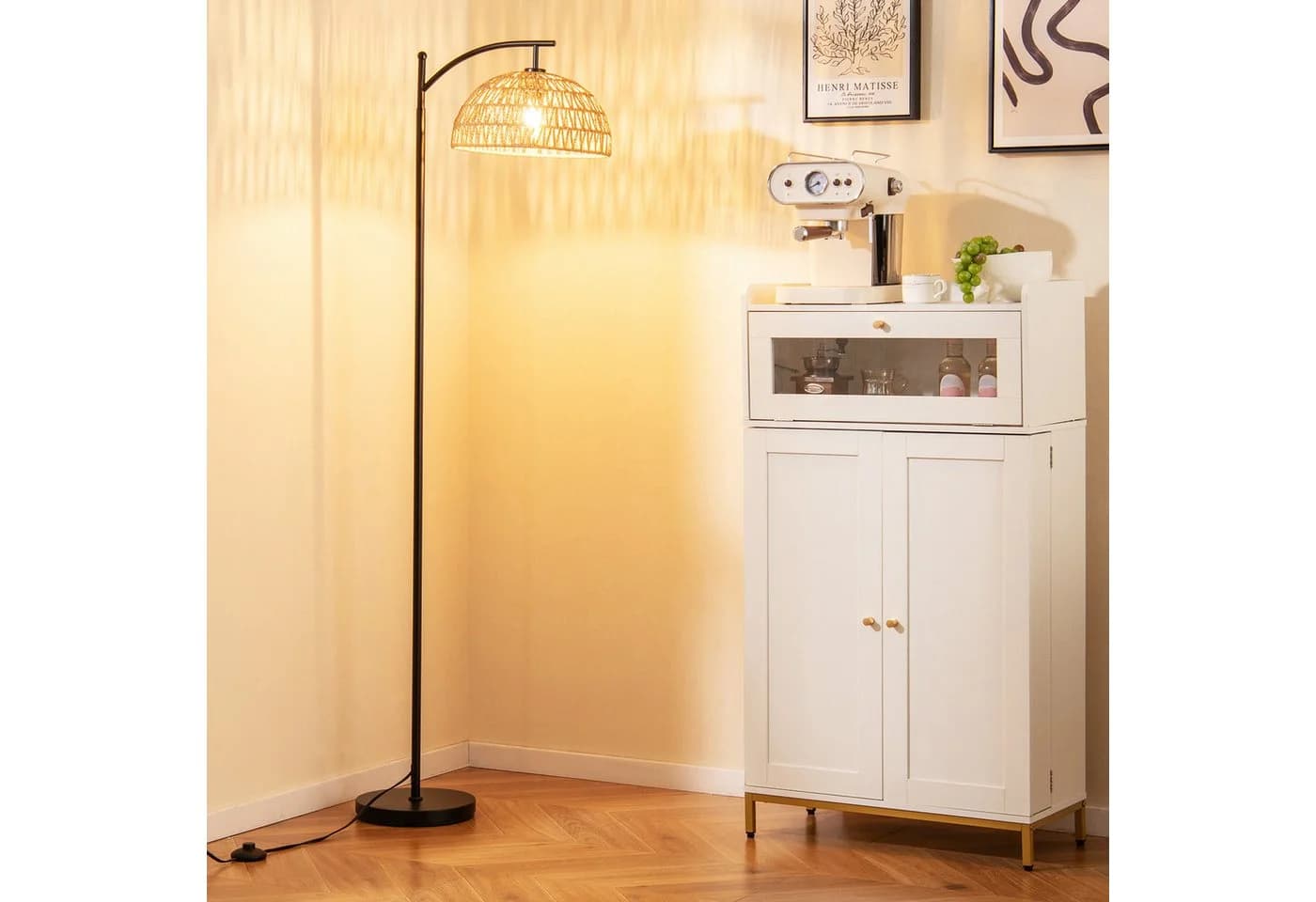 COSTWAY Stehlampe 160 cm hoch mit hängendem Lampenschirm & Fußschalter