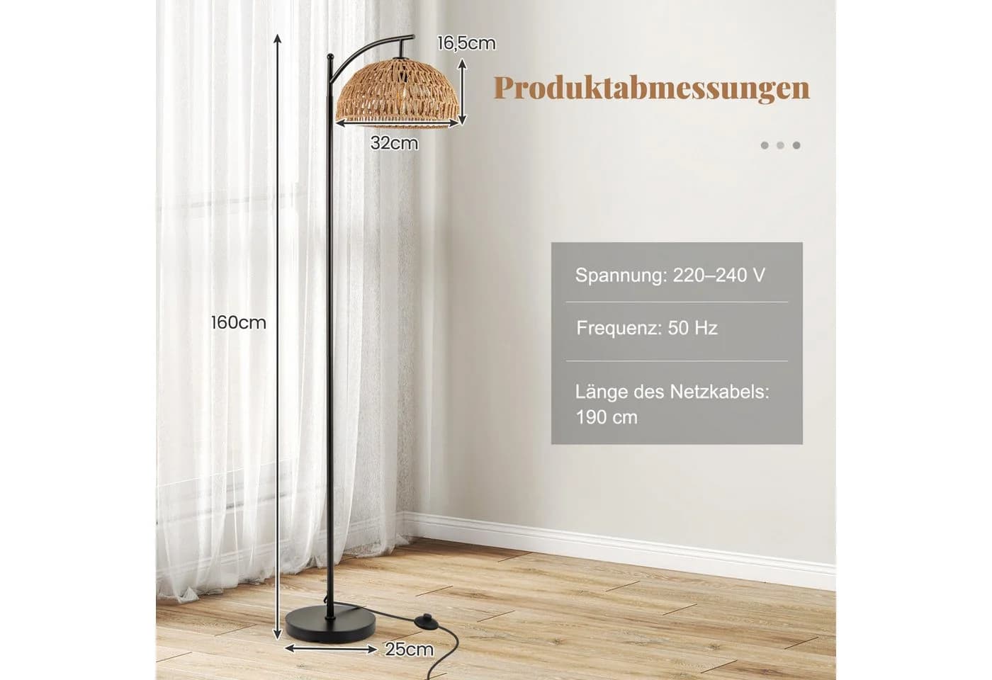 COSTWAY Stehlampe 160 cm hoch mit hängendem Lampenschirm & Fußschalter - Bild 3