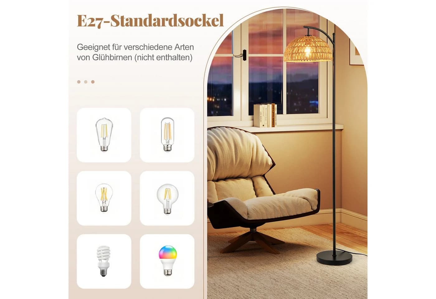 COSTWAY Stehlampe 160 cm hoch mit hängendem Lampenschirm & Fußschalter - Bild 5