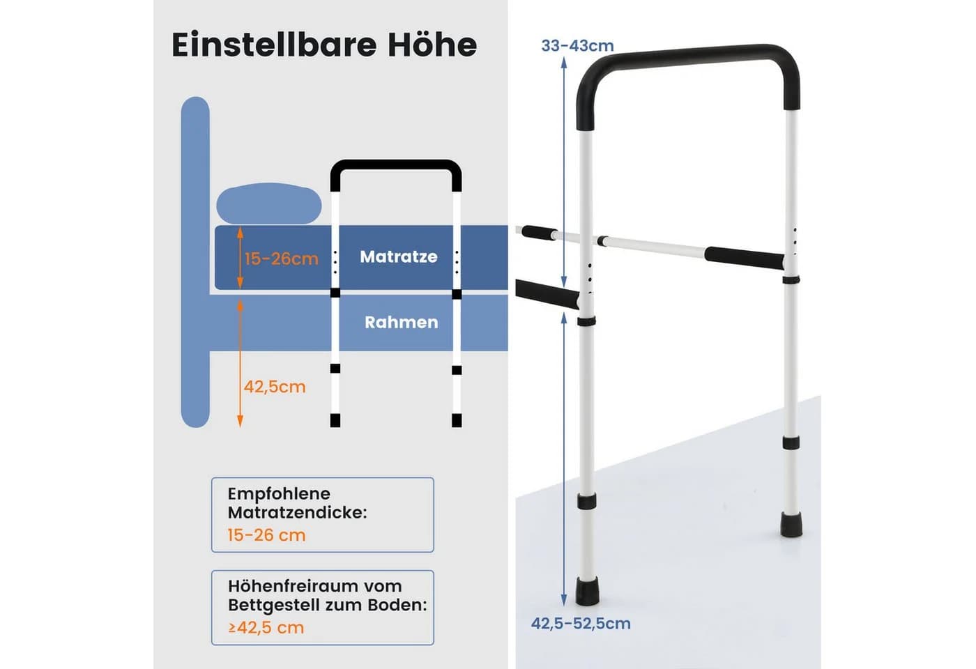 COSTWAY Bettgeländer Aufstehhilfe Weiß Verstellbar - Bild 4