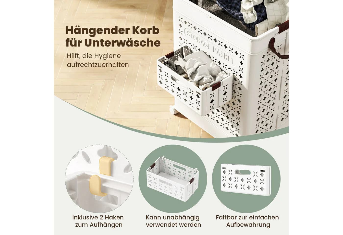 COSTWAY Wäschekorb 75L Faltbar mit Unterwäschekorb und Rollen