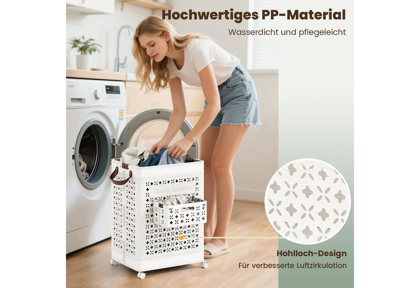 COSTWAY Wäschekorb 75L Faltbar mit Unterwäschekorb und Rollen - Bild 4