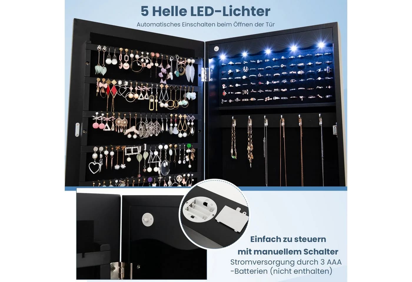 COSTWAY Schmuckschrank mit LED & Ganzkörperspiegel für Tür und Wand - Bild 3