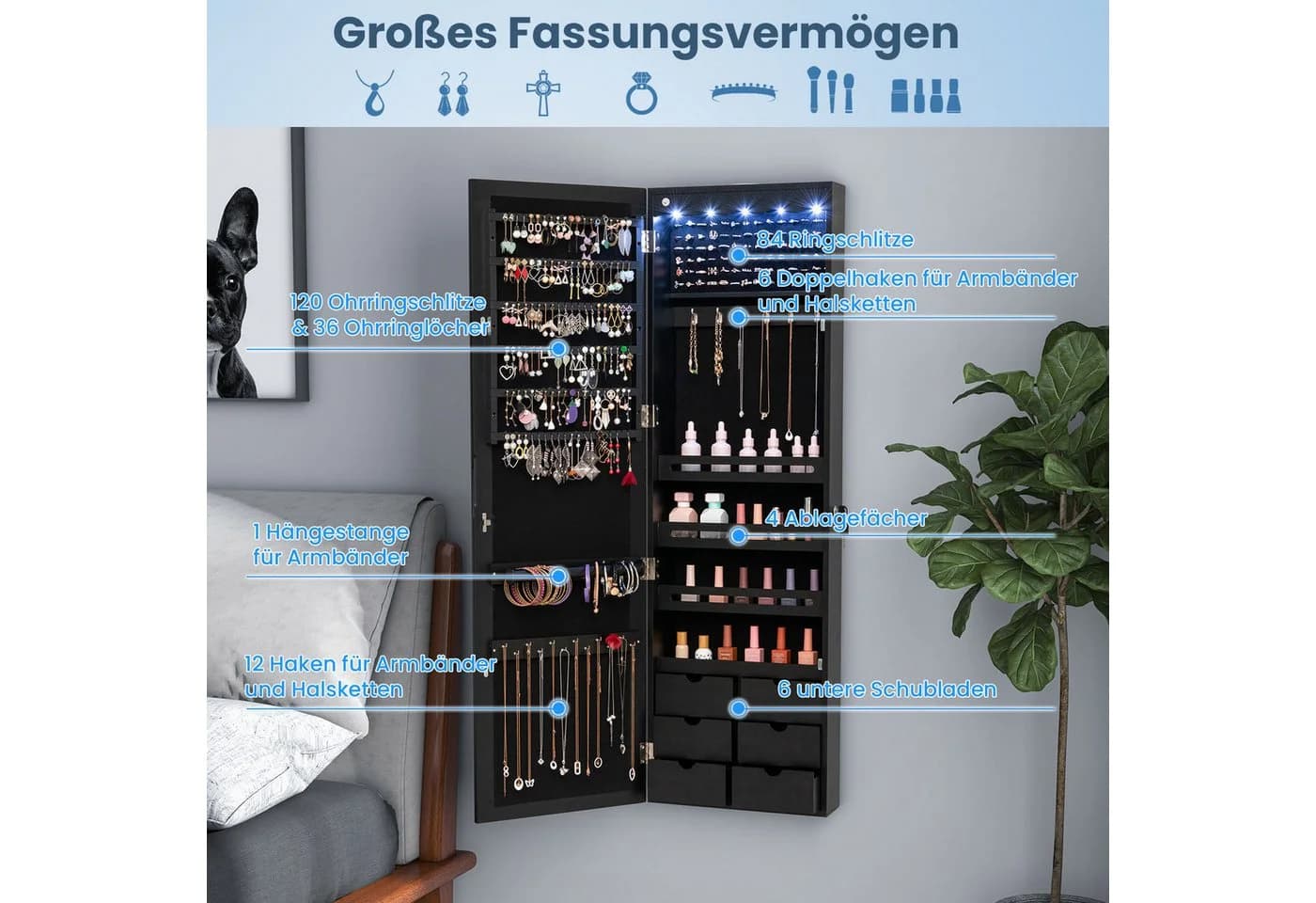 COSTWAY Schmuckschrank mit LED & Ganzkörperspiegel für Tür und Wand - Bild 4