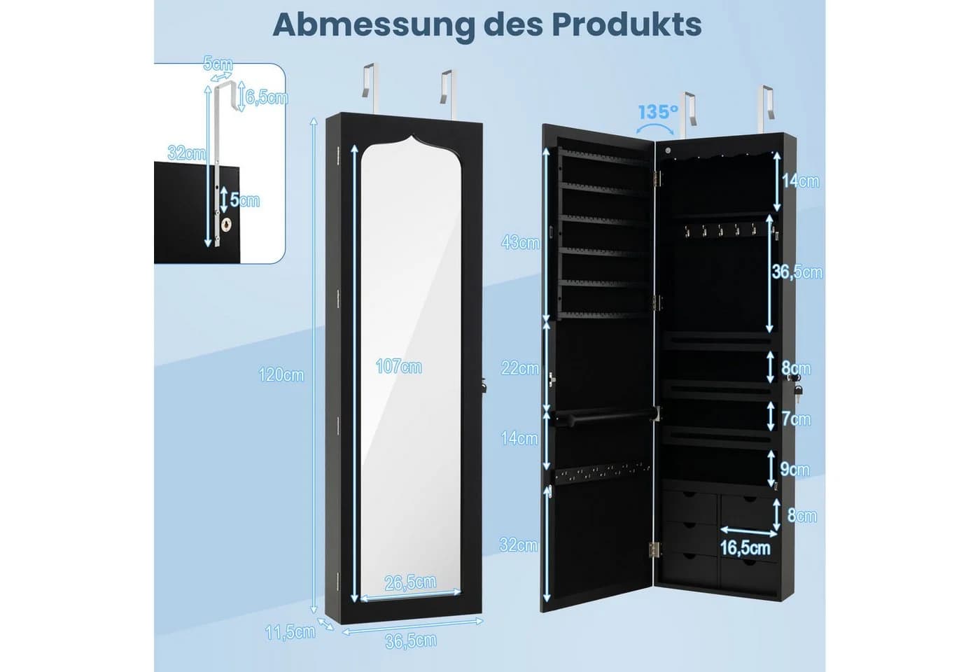 COSTWAY Schmuckschrank mit LED & Ganzkörperspiegel für Tür und Wand - Bild 5