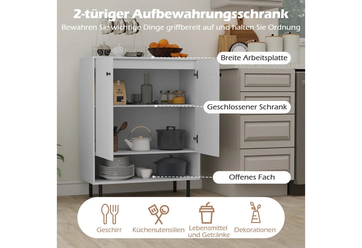 COSTWAY Küchenschrank Holz Weiß Verstellbare Ablagen - Bild 4
