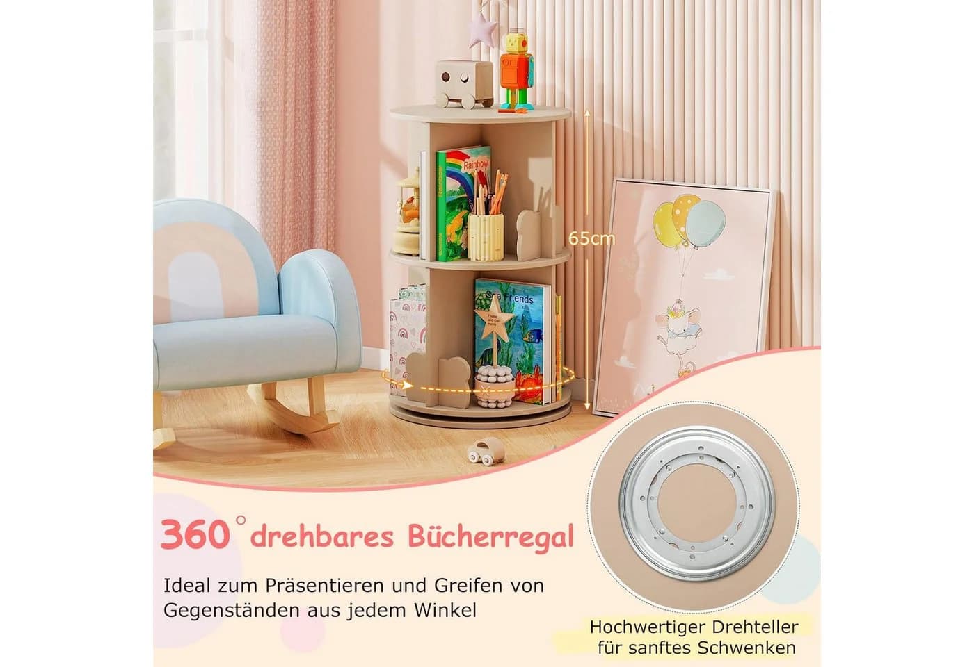 COSTWAY Kinderregal Drehbar Kaffee MDF 2-stöckig