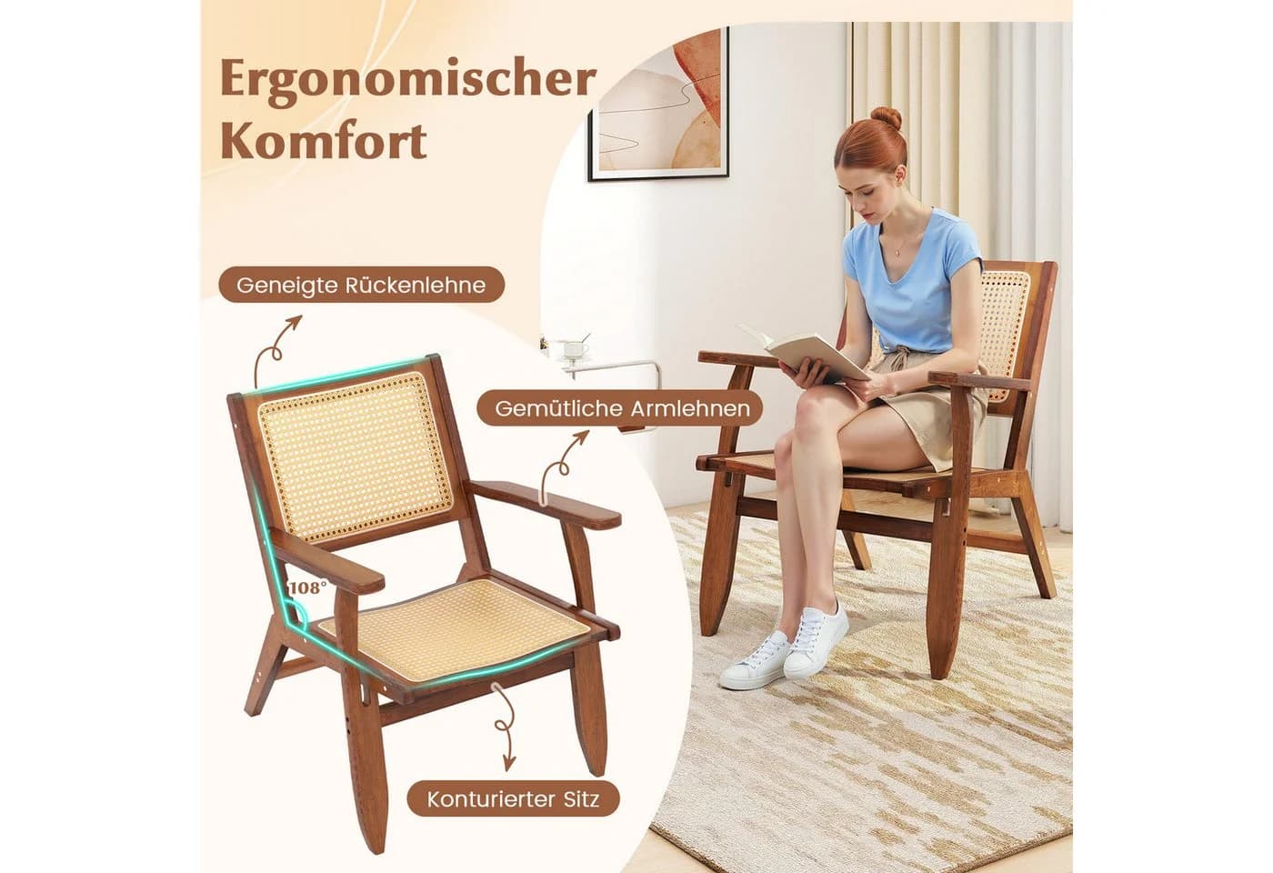 COSTWAY Relaxsessel Bambus Rattan mit Lehne Braune Farbe