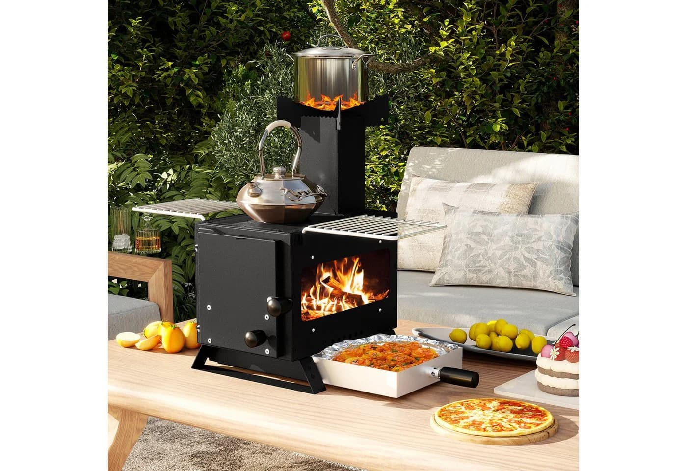 COSTWAY Holzkohlegrill 3in1 Heizofen mit Topfgestell Ofenpfanne 2 Grills Schwarz