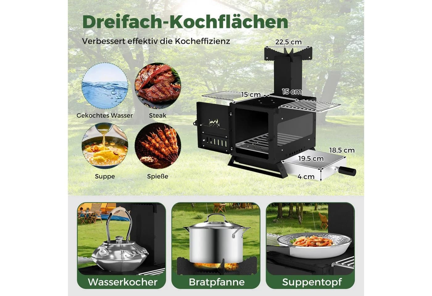 COSTWAY Holzkohlegrill 3in1 Heizofen mit Topfgestell Ofenpfanne 2 Grills Schwarz - Bild 3