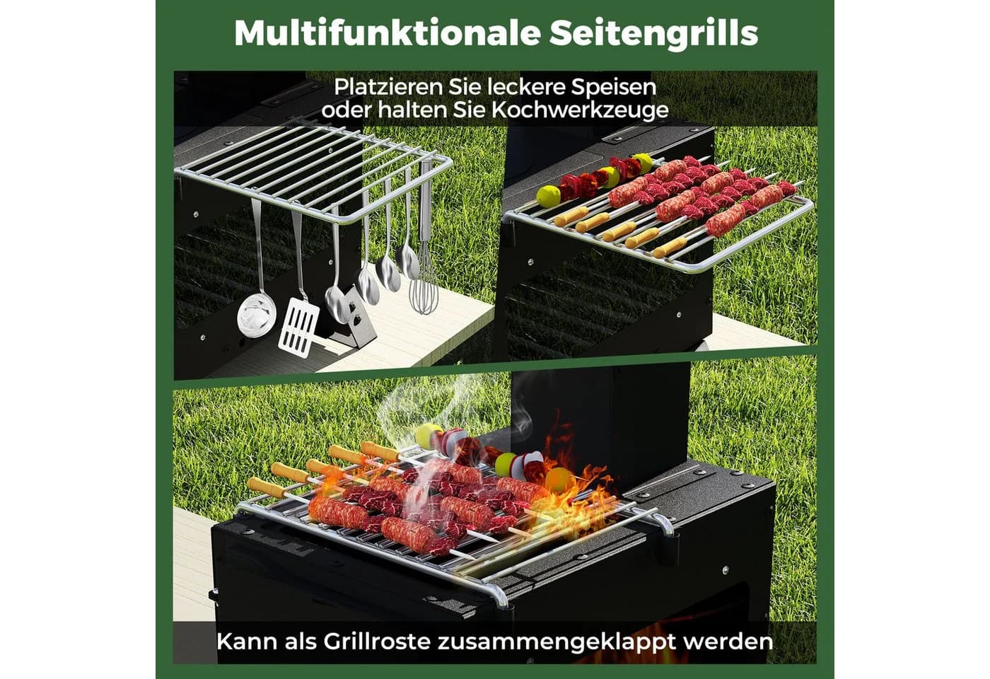 COSTWAY Holzkohlegrill 3in1 Heizofen mit Topfgestell Ofenpfanne 2 Grills Schwarz - Bild 4