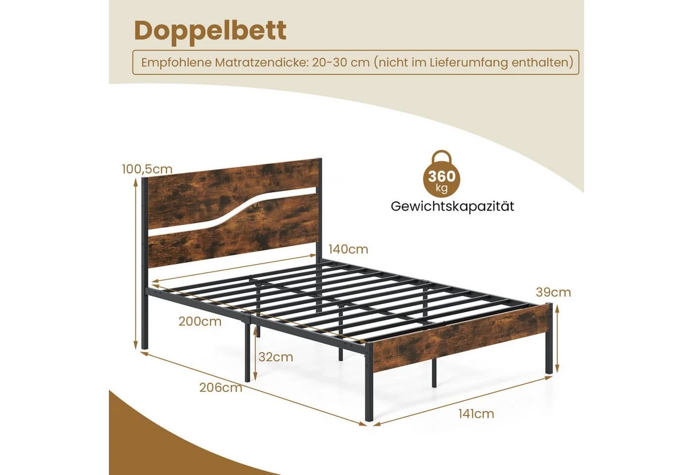 COSTWAY Metallbett 1-tlg. Plattformbett mit Lattenrost 140x200cm Matratze - Bild 3