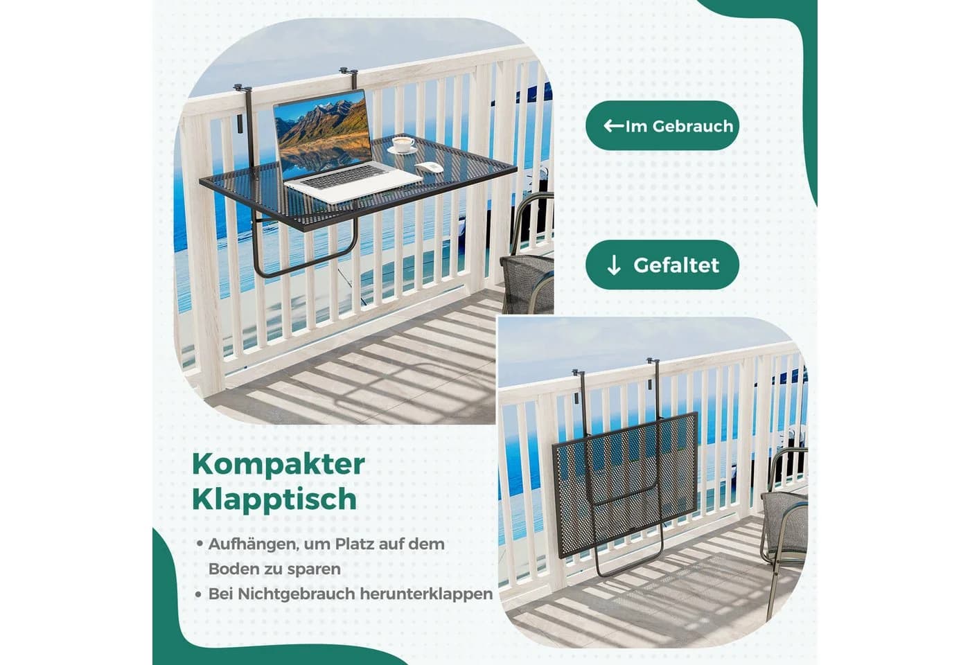 COSTWAY Balkonhängetisch klappbar Metall Schwarz - Bild 3