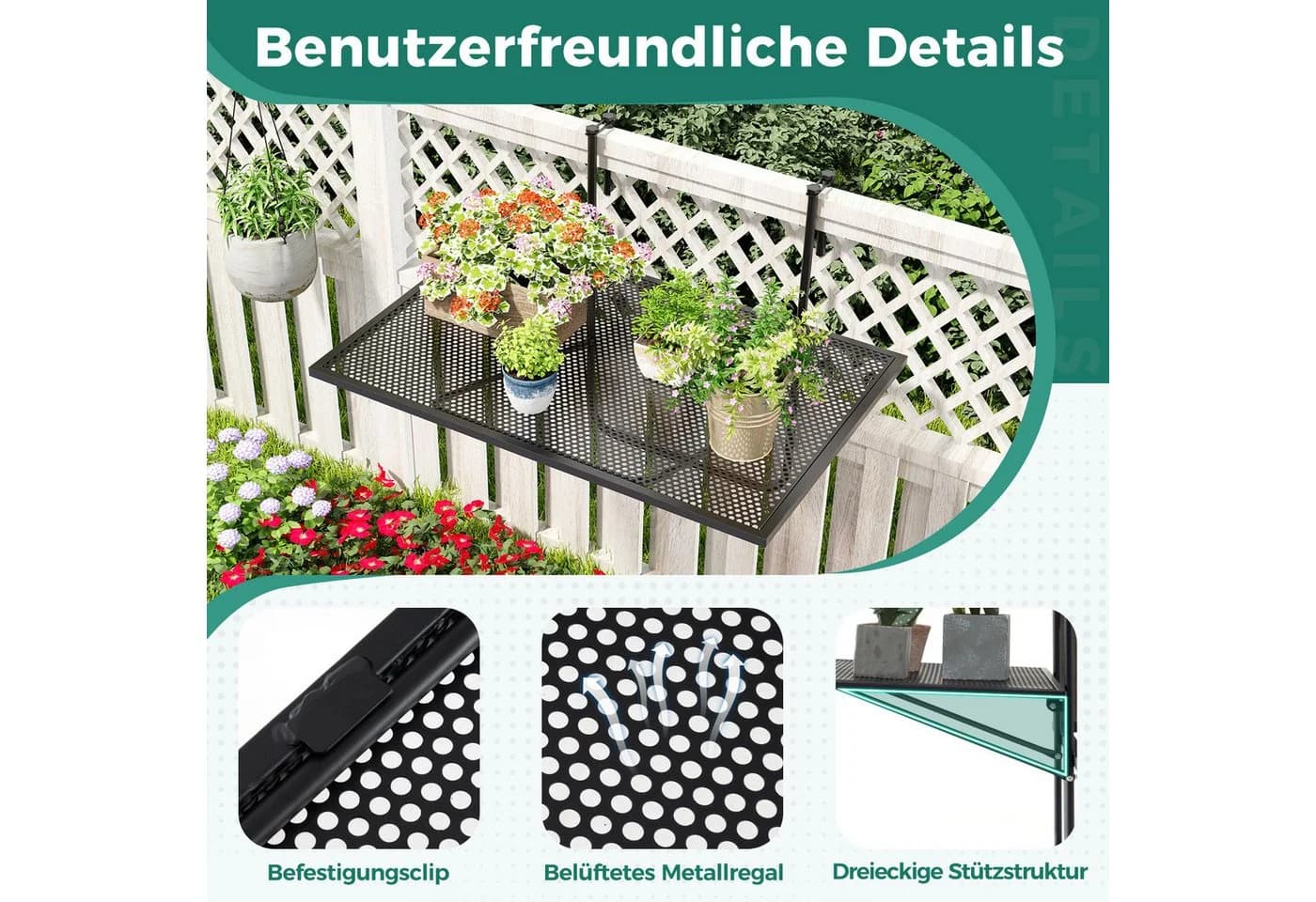 COSTWAY Balkonhängetisch klappbar Metall Schwarz - Bild 4