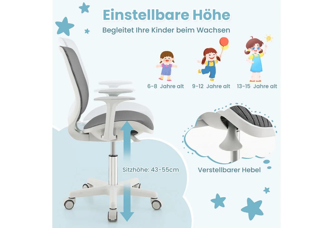 COSTWAY Drehstuhl Kinderstuhl 43-55cm höhenverstellbar mit Rollen 360° drehbar - Bild 4