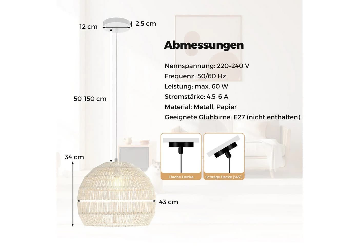 COSTWAY Pendelleuchte Beige Papierseil 43 cm - Bild 3