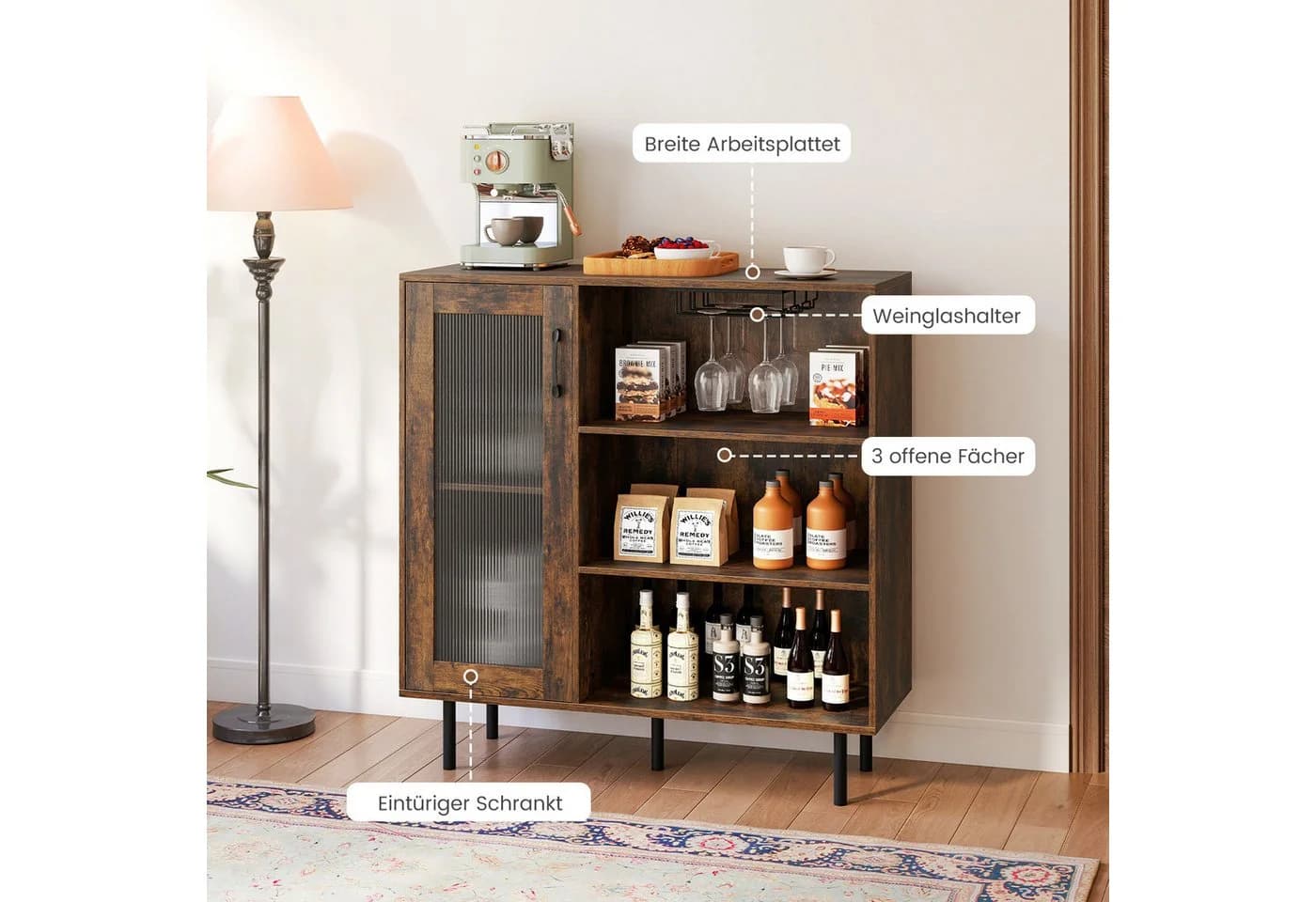 COSTWAY Küchenbuffet Sideboard Holz Rustikal Braun mit Glastür