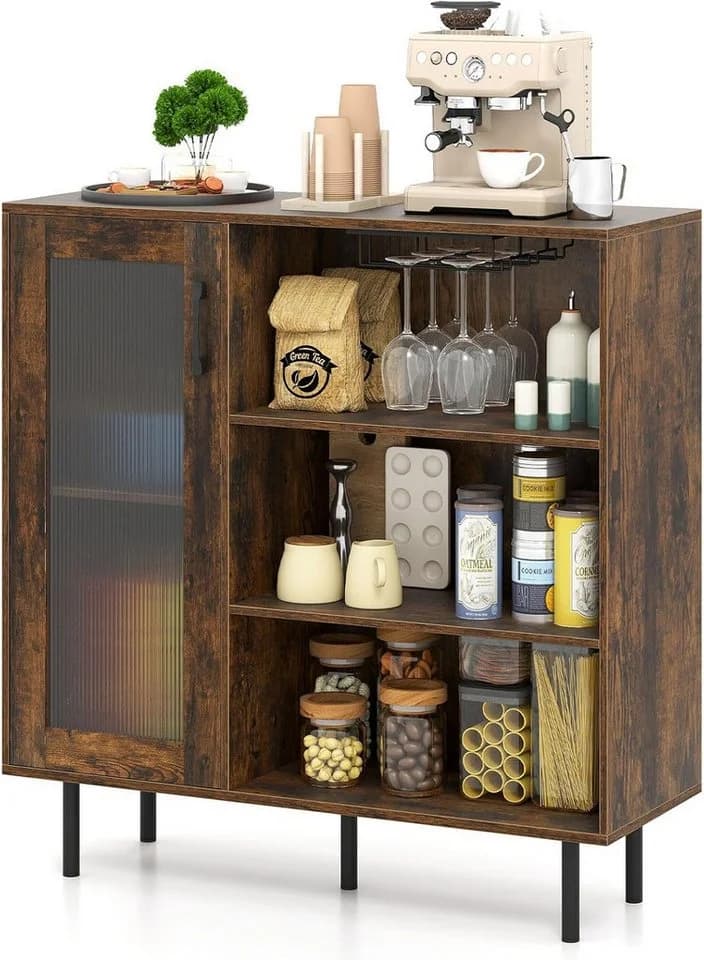 COSTWAY Küchenbuffet Sideboard Holz Rustikal Braun mit Glastür - Bild 2