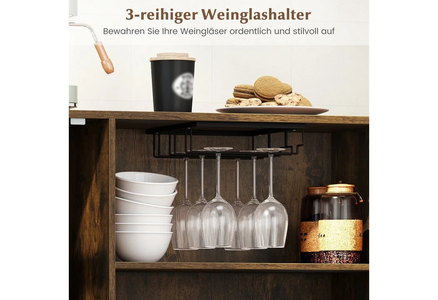 COSTWAY Küchenbuffet Sideboard Holz Rustikal Braun mit Glastür - Bild 3