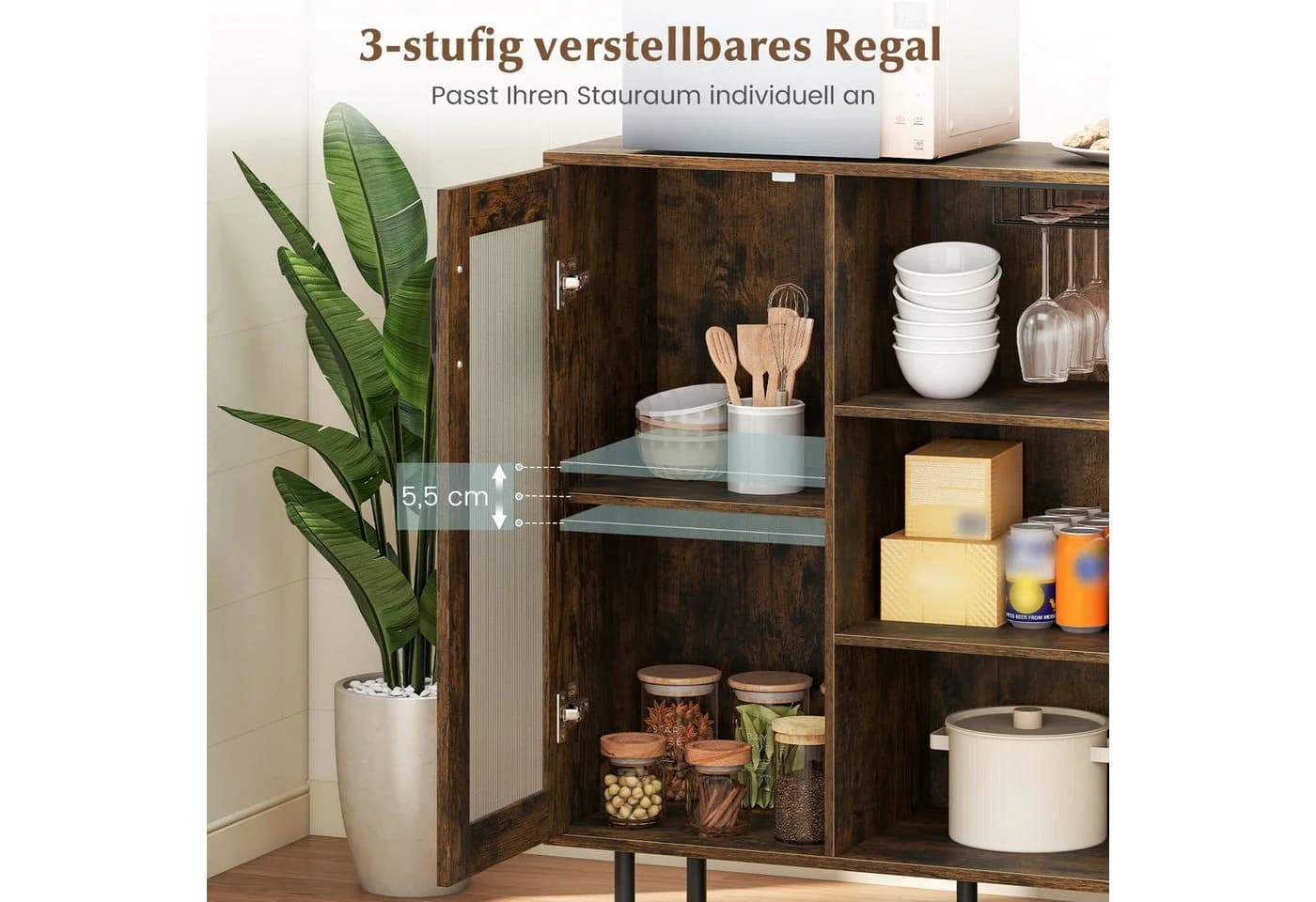 COSTWAY Küchenbuffet Sideboard Holz Rustikal Braun mit Glastür - Bild 4