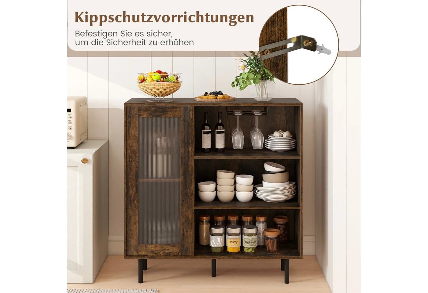 COSTWAY Küchenbuffet Sideboard Holz Rustikal Braun mit Glastür - Bild 5