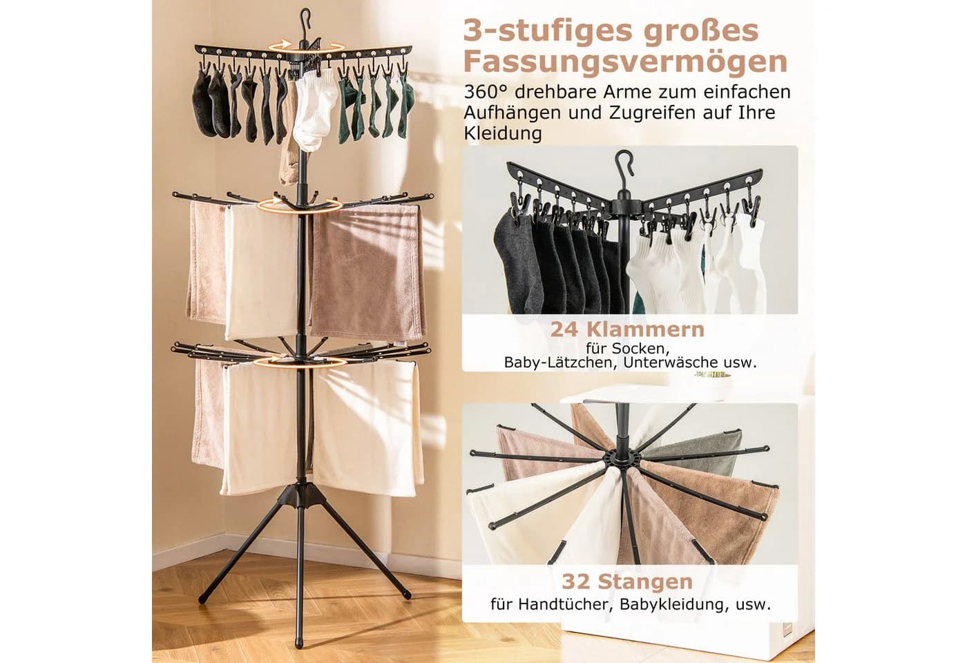 COSTWAY Turmwäscheständer 3-stufiger Handtuchtrockner klappbar 360° drehbare Arme