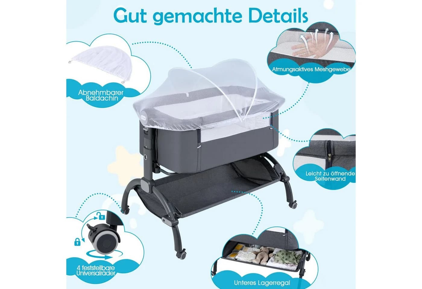 COSTWAY Beistellbett 3in1 Babywiege Stubenwagen 7-fach höhenverstellbar - Bild 5