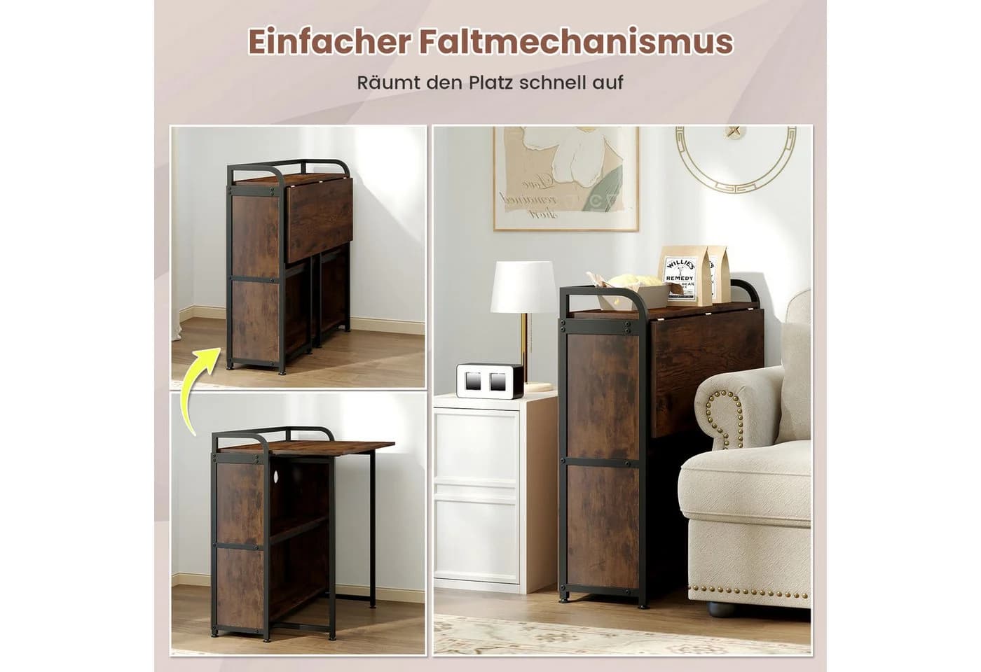 COSTWAY Klapptisch mit Hocker Rustikales Braun Metall