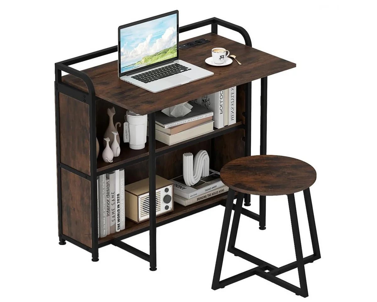 COSTWAY Klapptisch mit Hocker Rustikales Braun Metall - Bild 2