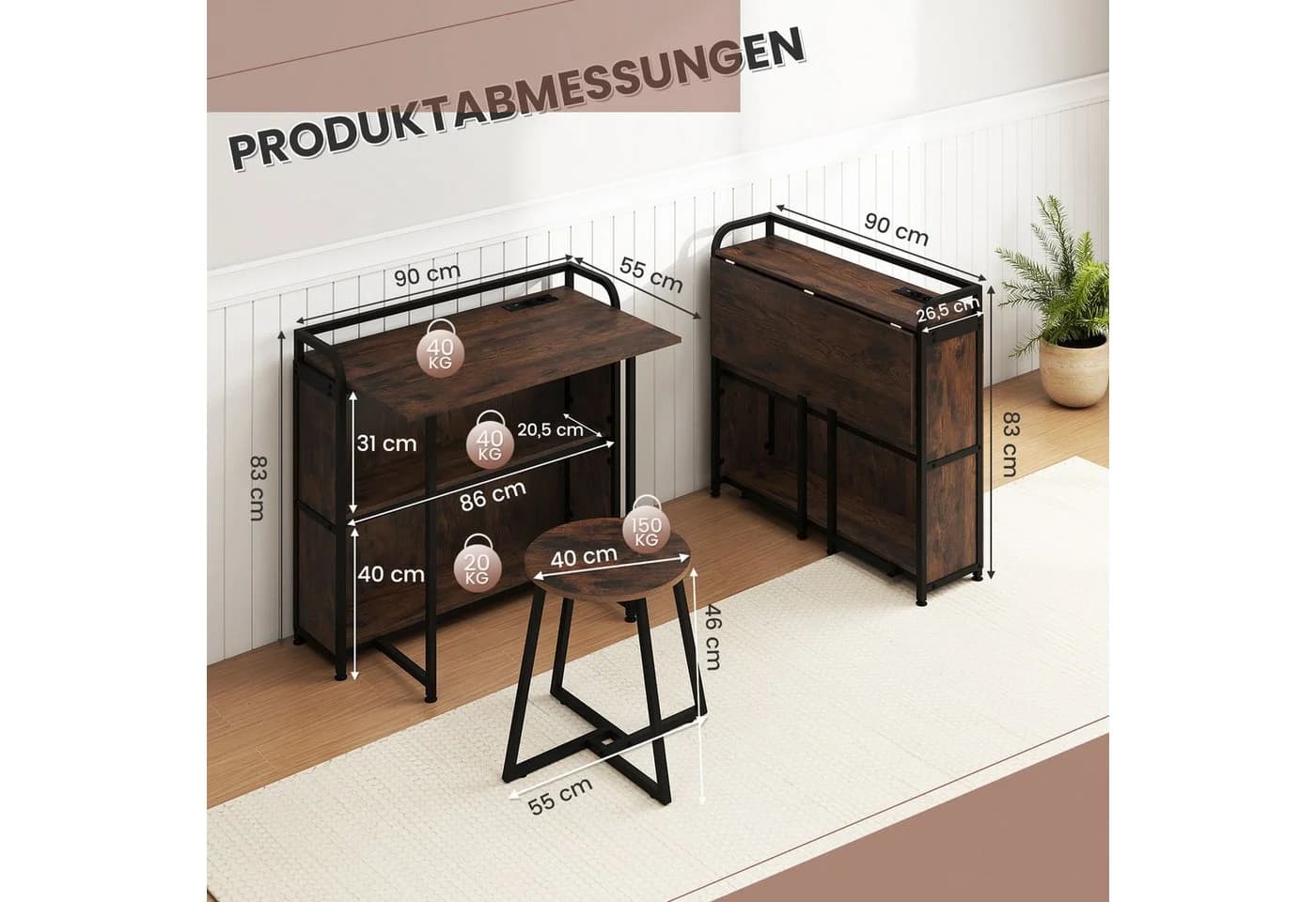 COSTWAY Klapptisch mit Hocker Rustikales Braun Metall - Bild 5