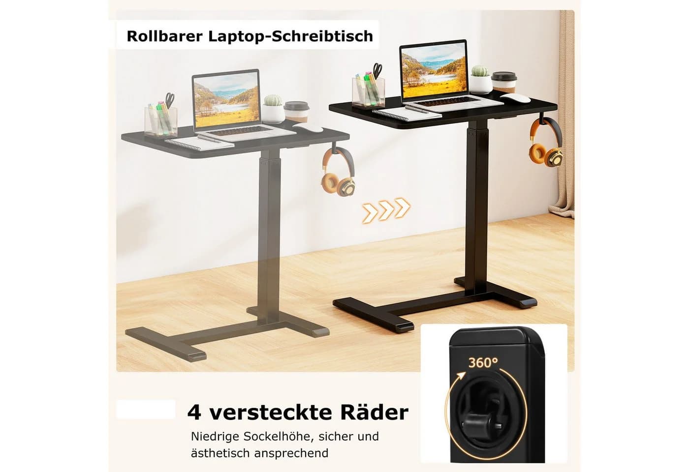 COSTWAY Laptoptisch Beistelltisch Bett Rollen Höhenverstellbar - Bild 3