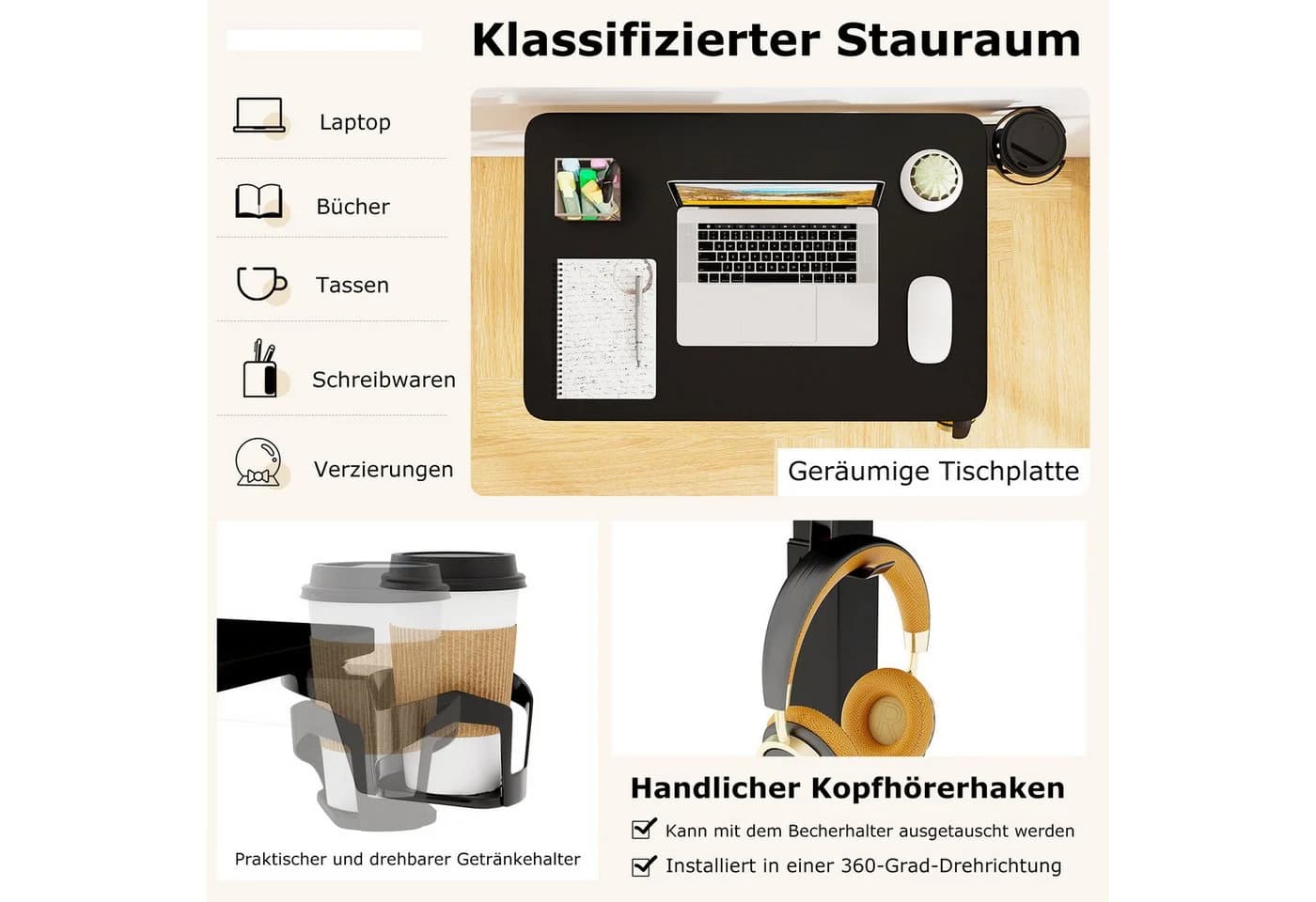COSTWAY Laptoptisch Beistelltisch Bett Rollen Höhenverstellbar - Bild 5
