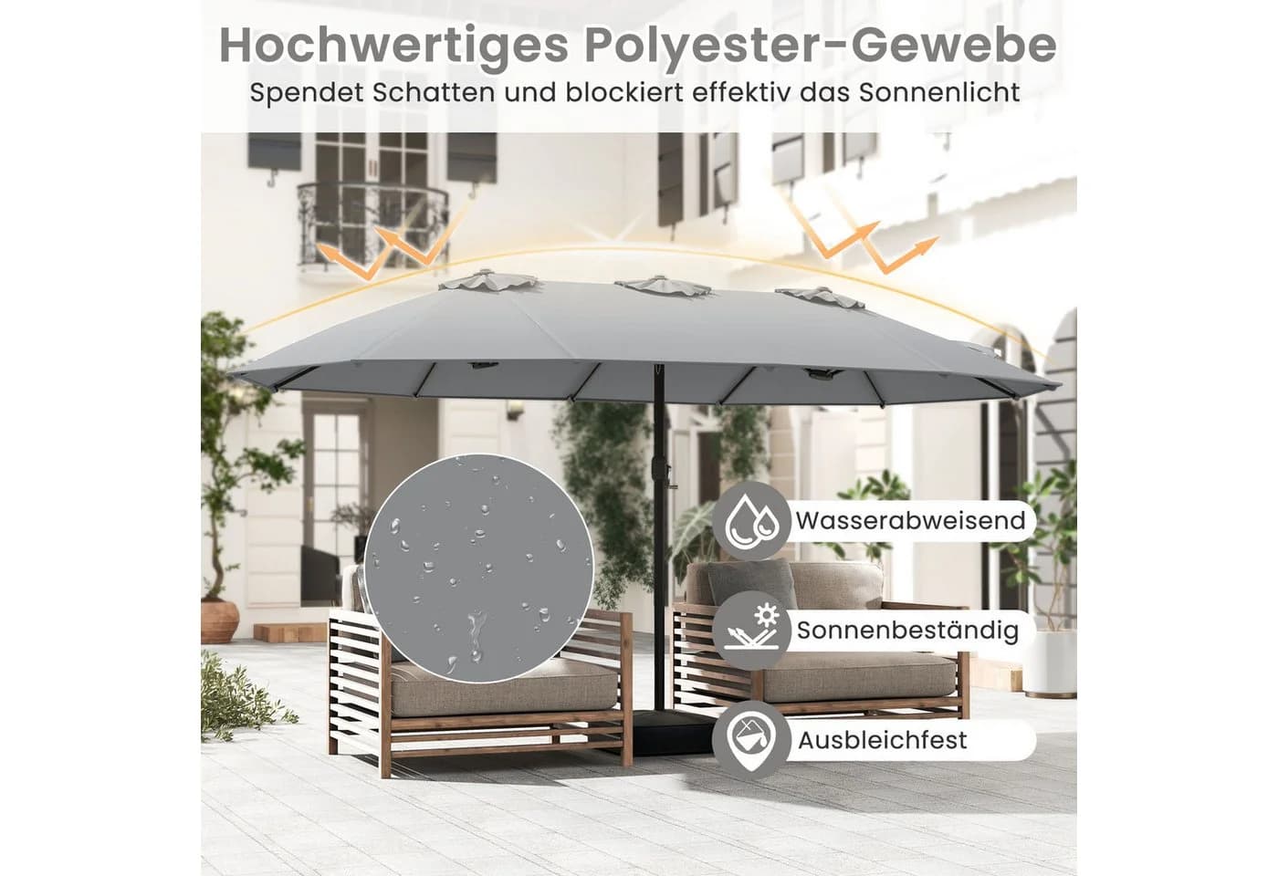 KOMFOTTEU Doppelsonnenschirm mit Ständer Grau