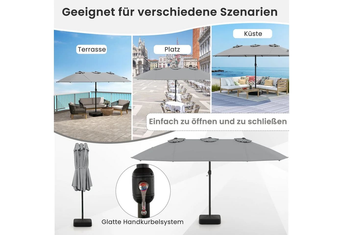 KOMFOTTEU Doppelsonnenschirm mit Ständer Grau - Bild 4