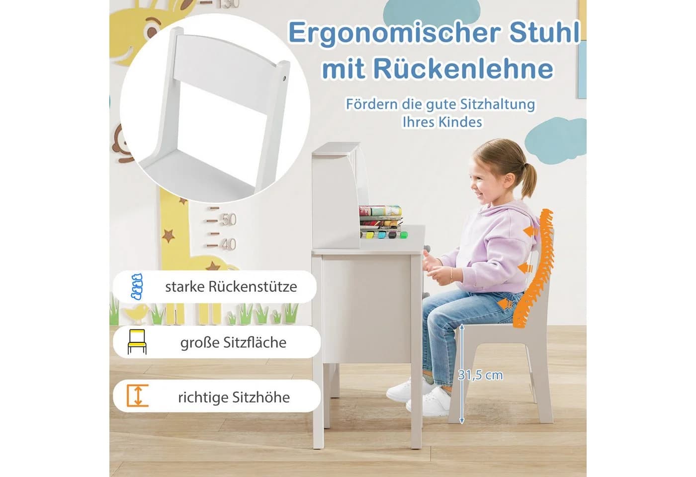 KOMFOTTEU Kinderschreibtisch mit Stuhl Rosa/Weiß - Bild 4