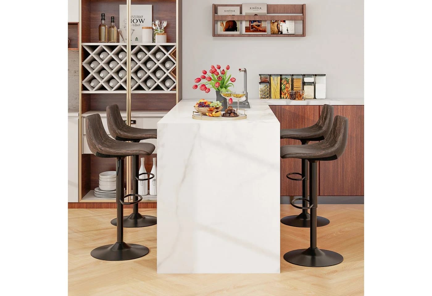 KOMFOTTEU Barhocker 2er Set Braun 360° drehbar & höhenverstellbar