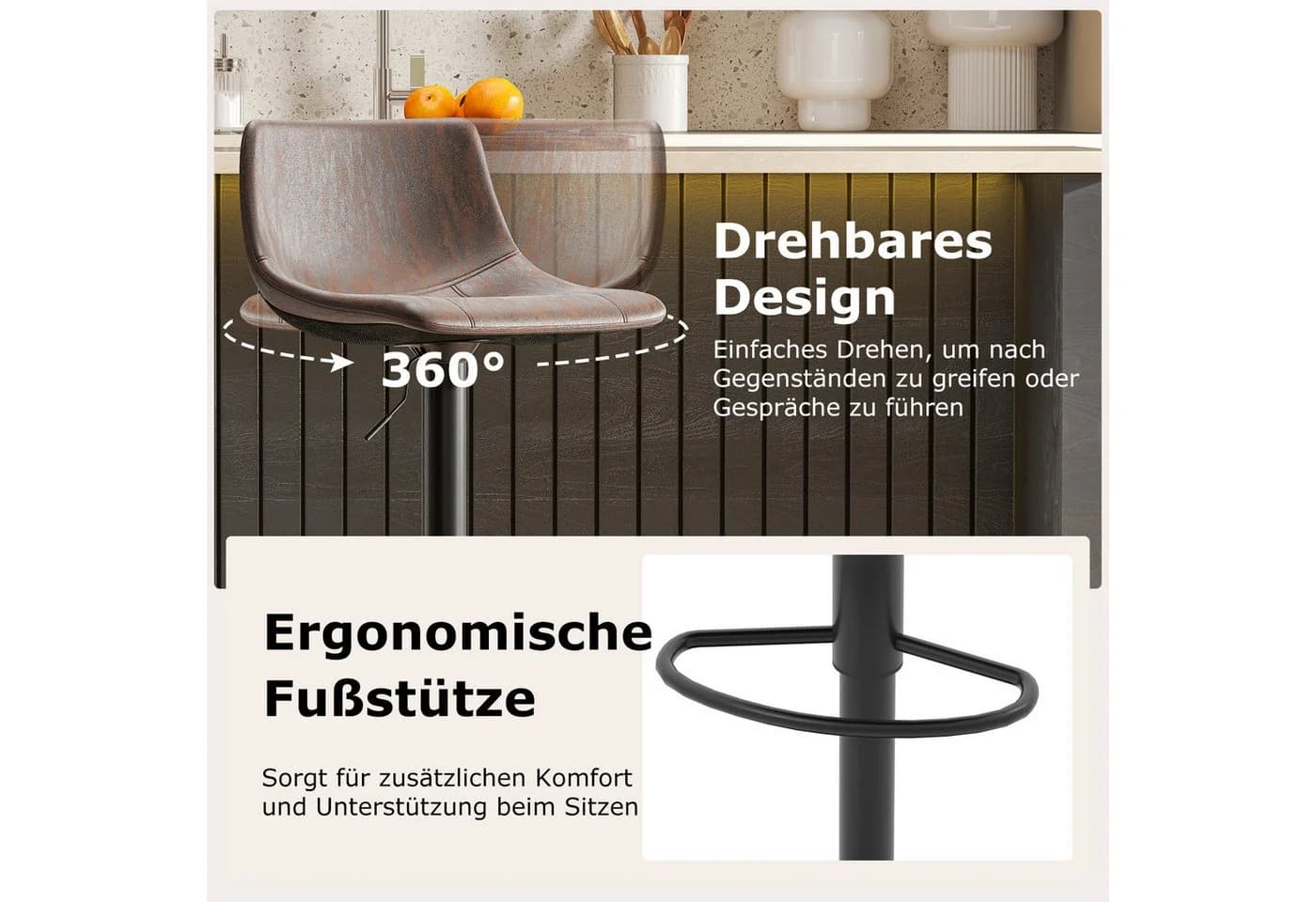 KOMFOTTEU Barhocker 2er Set Braun 360° drehbar & höhenverstellbar - Bild 3
