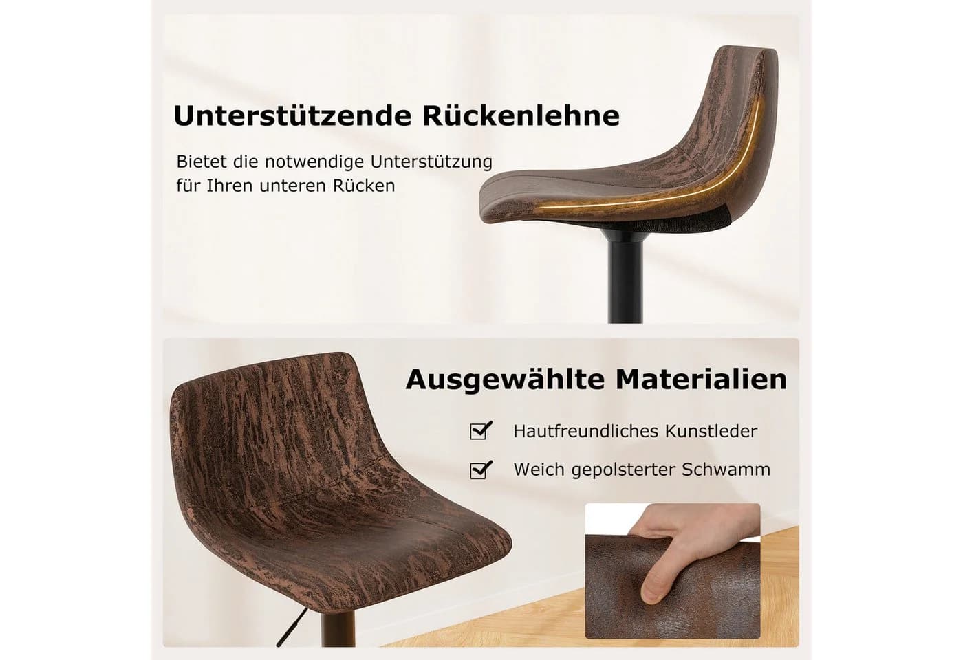KOMFOTTEU Barhocker 2er Set Braun 360° drehbar & höhenverstellbar - Bild 4
