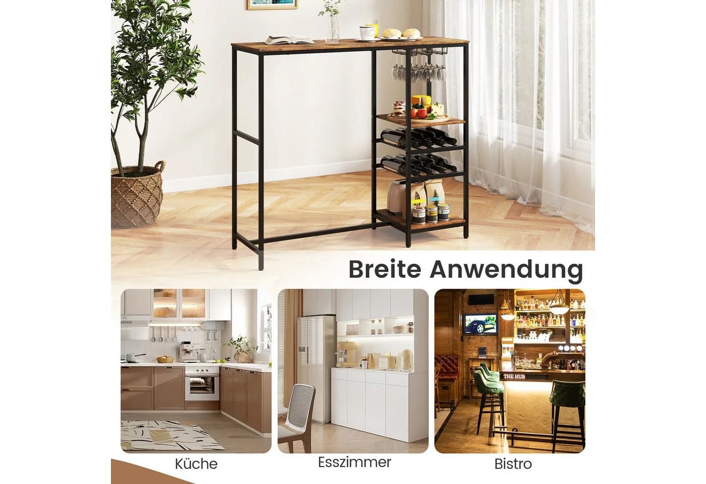 KOMFOTTEU Bartisch Küchentheke Rustikales Braun mit Weinregal - Bild 3