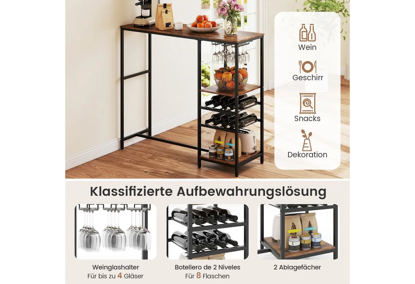 KOMFOTTEU Bartisch Küchentheke Rustikales Braun mit Weinregal - Bild 4