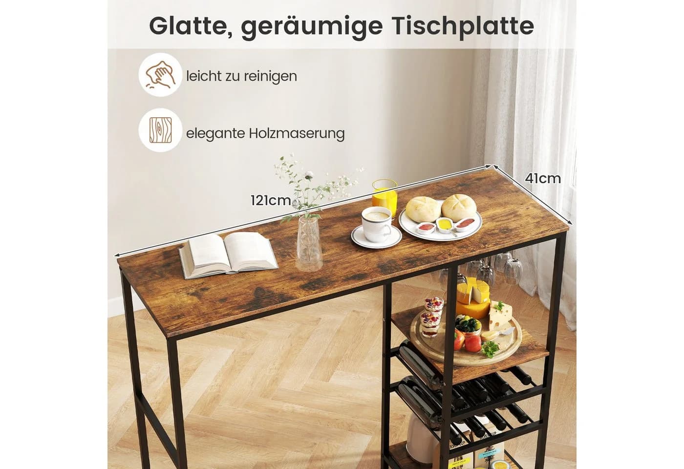 KOMFOTTEU Bartisch Küchentheke Rustikales Braun mit Weinregal - Bild 5