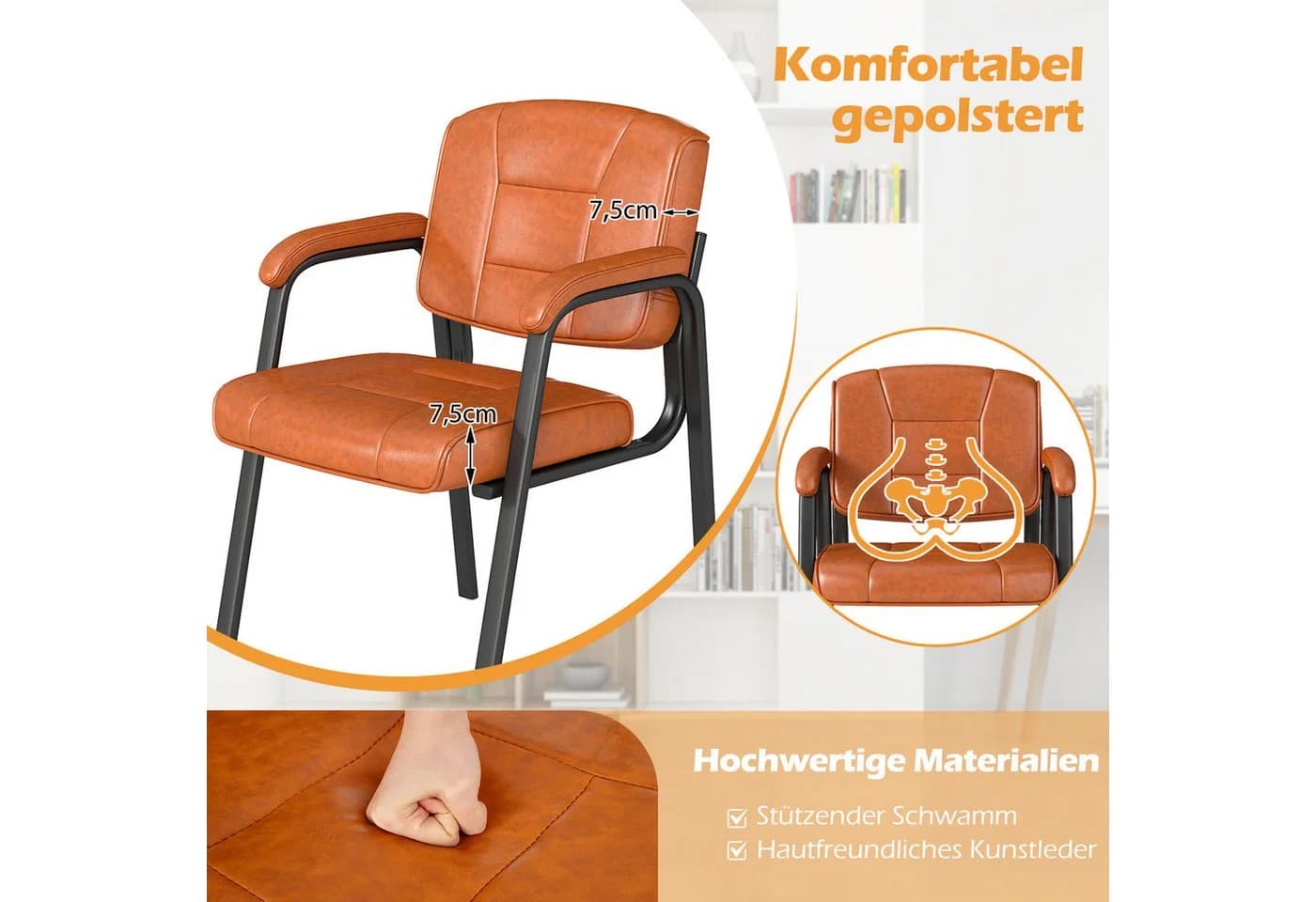 KOMFOTTEU Besucherstuhl 2er Set Retro Kunstleder Braun/Schwarz - Bild 3